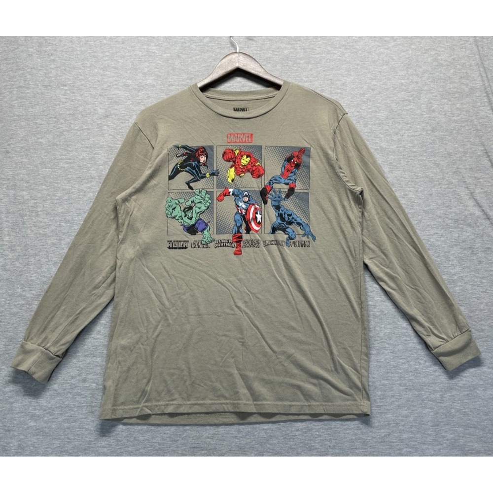 Marvel Comics Avengers Character Panel Shirt Mens Medium Olive Graphic Crew Neck